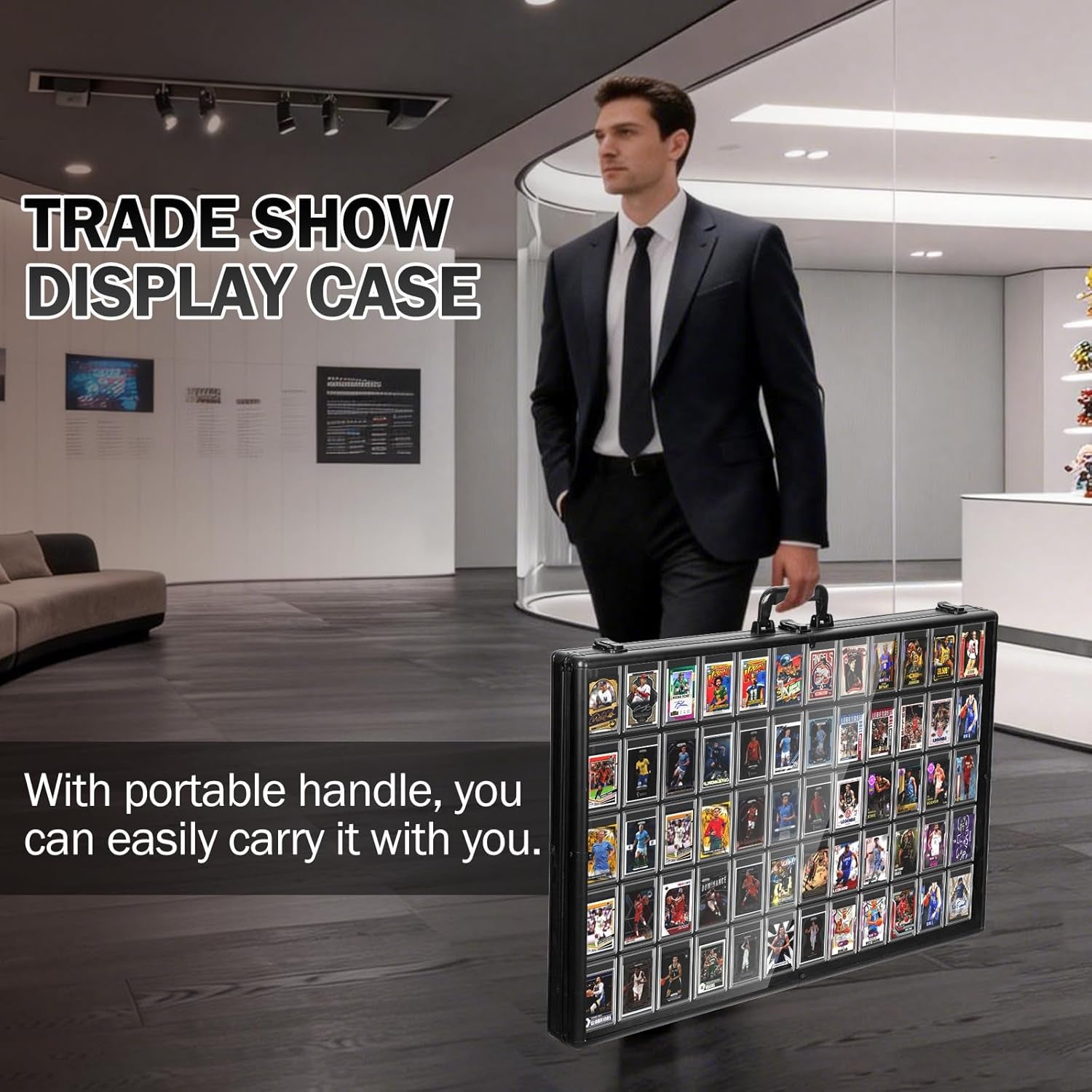 Card Display Case with LED Light for Trading Card, 34 X 22 Inch Aluminum Large Portable Card Show Display Case, Lockable Trade Show Display Cases for Pokemon Cards, Coin, Collectibles, Silver
