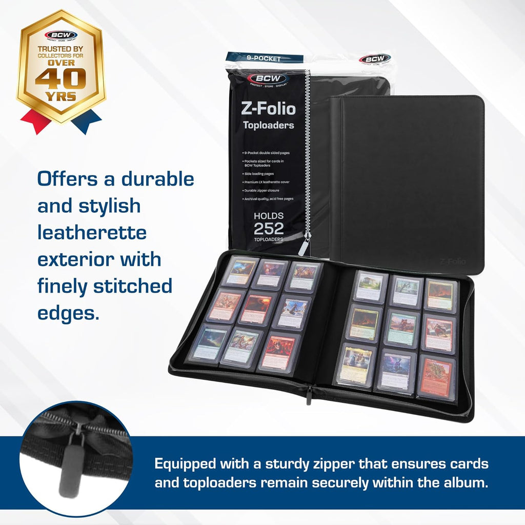 Top Loader Binder | 9-Pocket LX Album | Black Leatherette Toploader | Archival Safe | Side-Loading Pages | Holds 252 Standard 3X4 Toploaders | Ideal for Sports, Trading, and Gaming Cards