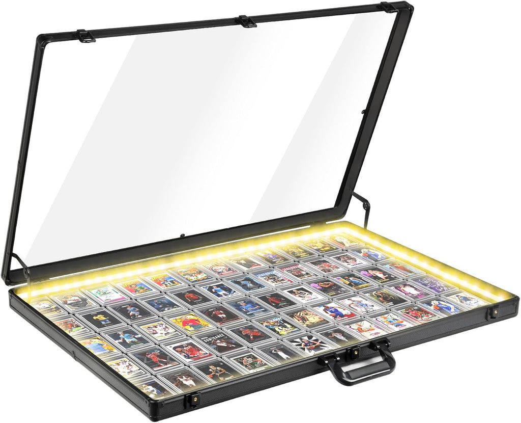 Card Display Case with LED Light for Trading Card, 34 X 22 Inch Aluminum Large Portable Card Show Display Case, Lockable Trade Show Display Cases for Pokemon Cards, Coin, Collectibles, Silver